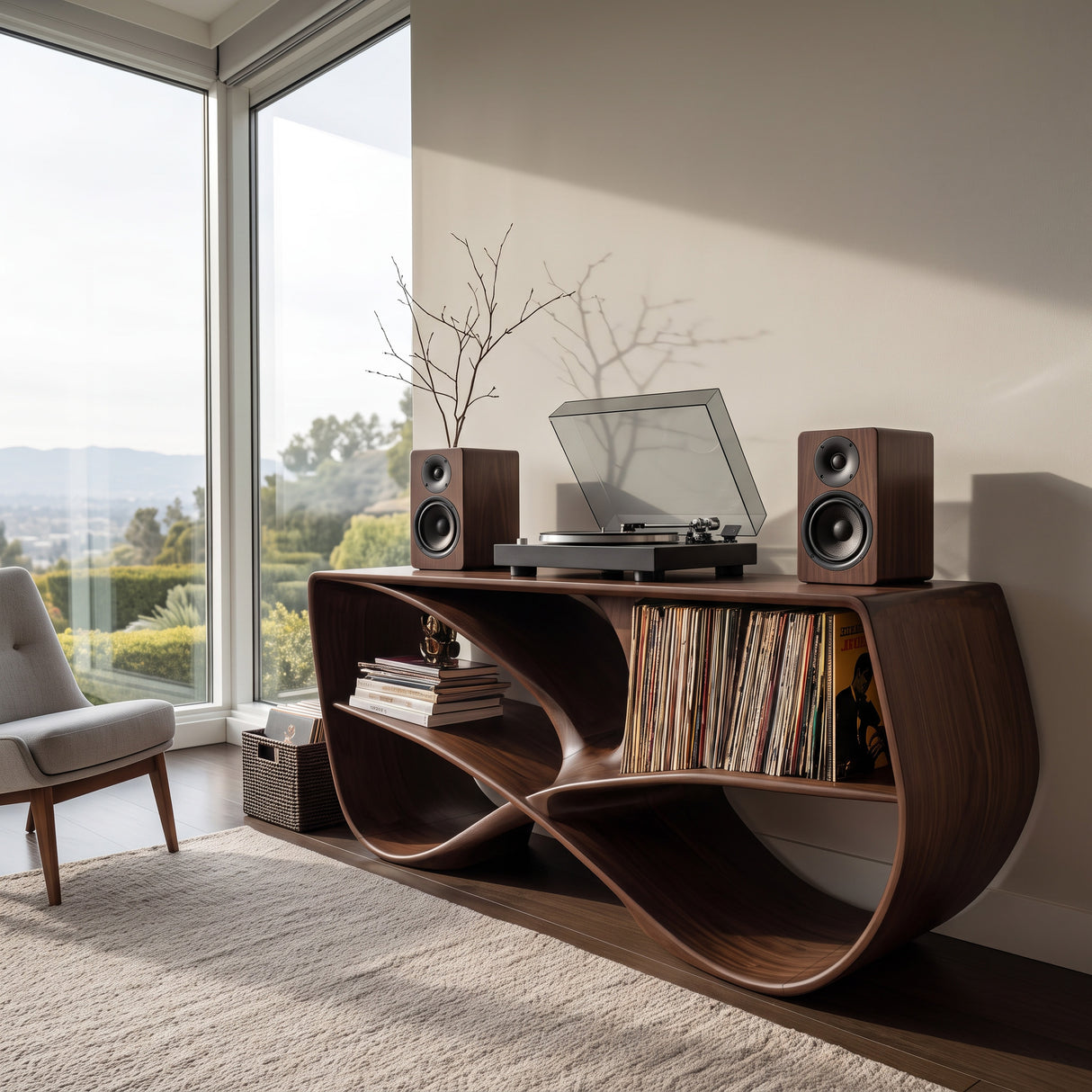 Modern Sculptural Wooden Record Player Console For Living Room