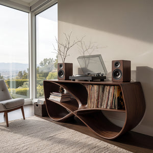 Modern Sculptural Wooden Record Player Console For Living Room