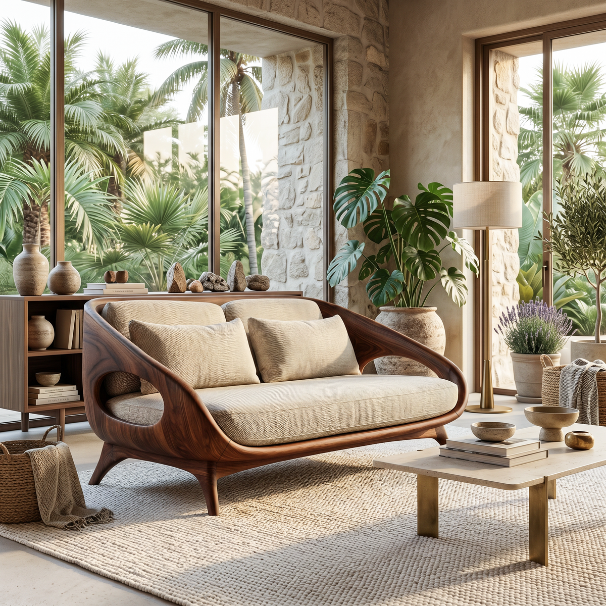 Artistic Wooden Sofa With Soft Lines For Home Lounge