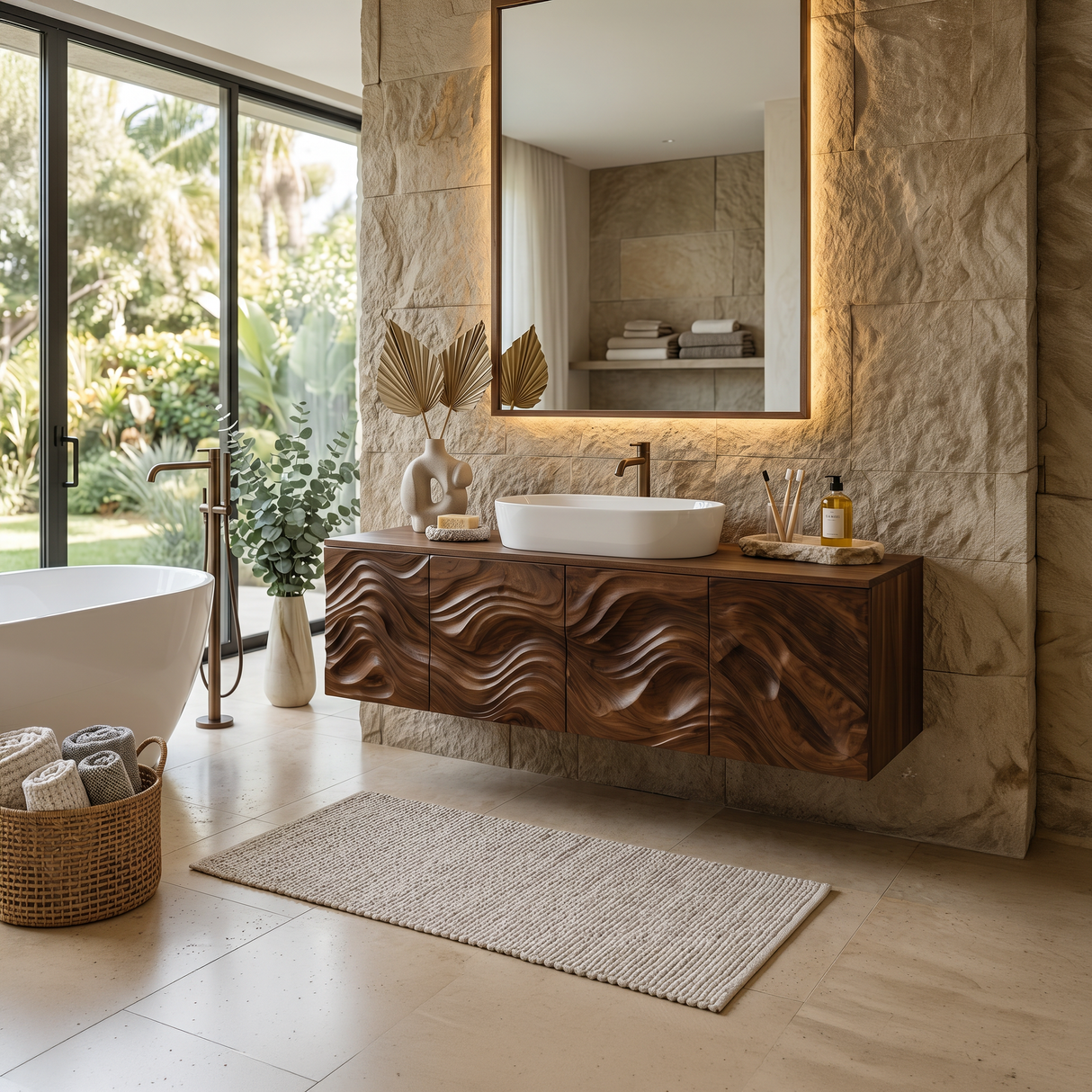 Wooden Floating Bathroom Vanity Wave Carved Cabinet For Bathroom Remodel