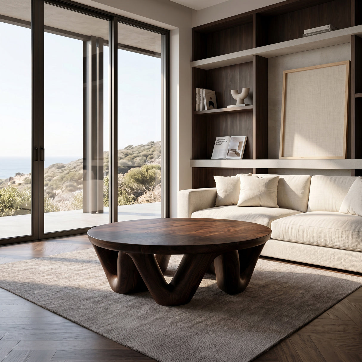 Modern Round Coffee Table With Flowing Sculptural Base For Home