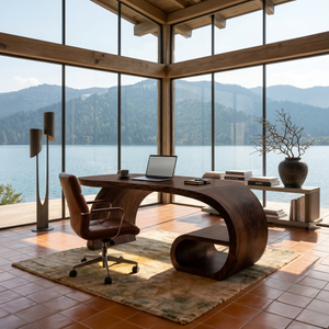 Contemporary Sculpted Desk With Side Shelf For Studio Interior