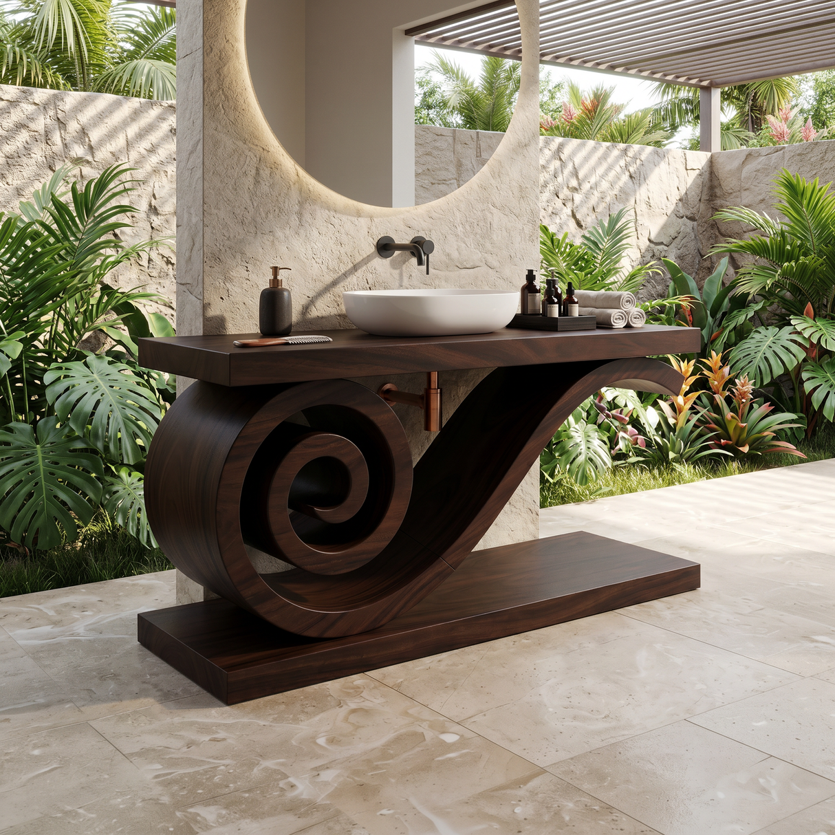 Sculptural Monkeypod Wood Vanity With Vessel Sink Luxury Bathroom