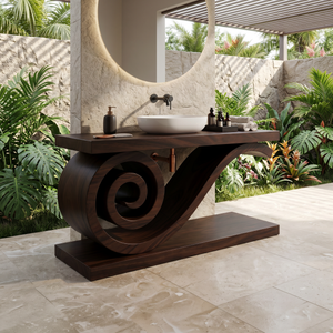 Sculptural Monkeypod Wood Vanity With Vessel Sink Luxury Bathroom