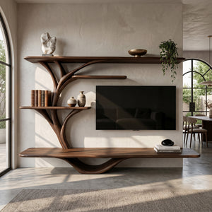 Organic TV Stand With Sculptural Branch Shelves For Living Room