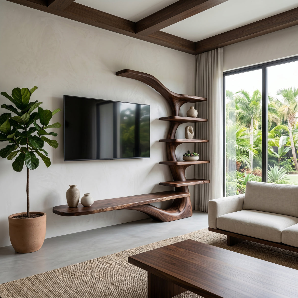 Modern TV Stand With Tree Inspired Shelf For Living Room