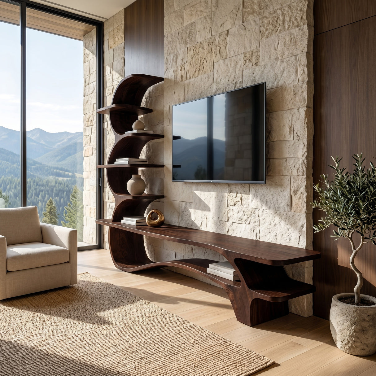 Organic Wood TV Stand With Side Curved Shelf For Living