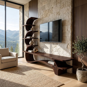 Organic Wood TV Stand With Side Curved Shelf For Living