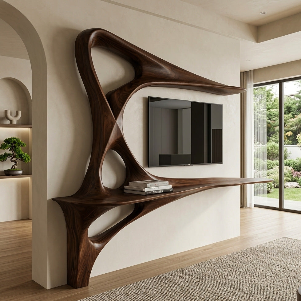 Rustic TV Console With Carved Frame For Living Room