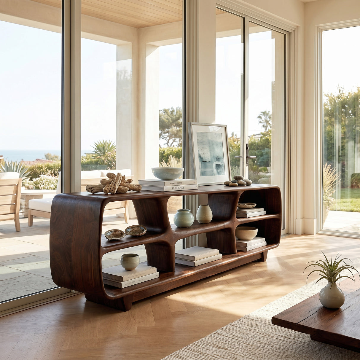 Contemporary Wooden Bookshelf With Six Display Compartments For Living Room