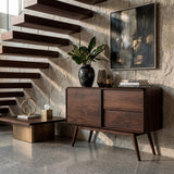 Mid Century Rounded Console Table With Compartments For Living