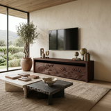 Organic TV Stand With Mountain Relief Doors For Contemporary Living