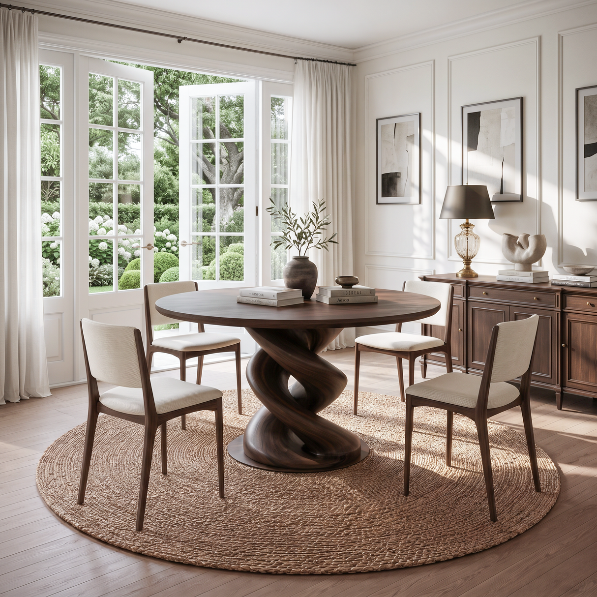 Modern Wooden Round Dining Table Sculptural Twist Base For Kitchen