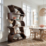 Organic Farmhouse Wooden Curved Bookshelf For Living Room