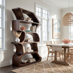 Organic Farmhouse Wooden Curved Bookshelf For Living Room