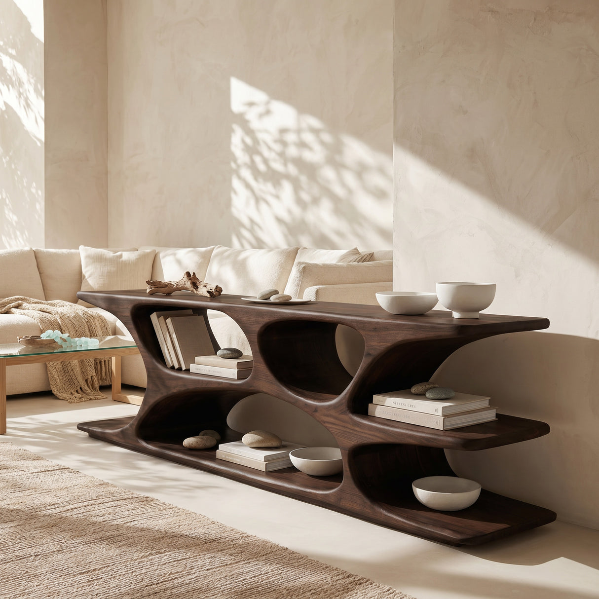 Sculptural Low Bookshelf With Multi Display Compartment For Living Room