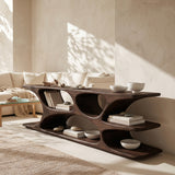 Sculptural Low Bookshelf With Multi Display Compartment For Living Room
