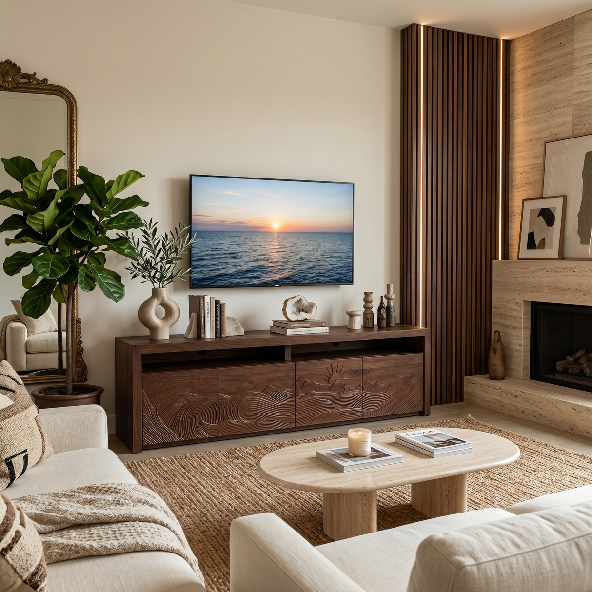 Organic TV Stand With Wave Carved Doors And Open Shelf For Home