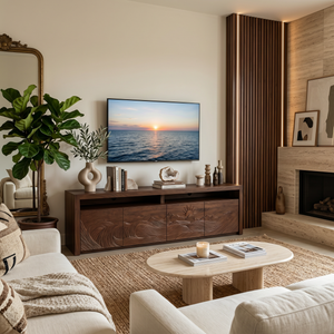 Organic TV Stand With Wave Carved Doors And Open Shelf For Home