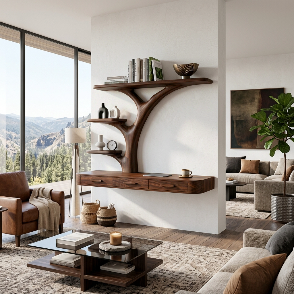 Organic Floating Desk With Branch Shaped Open Shelves For Workspace