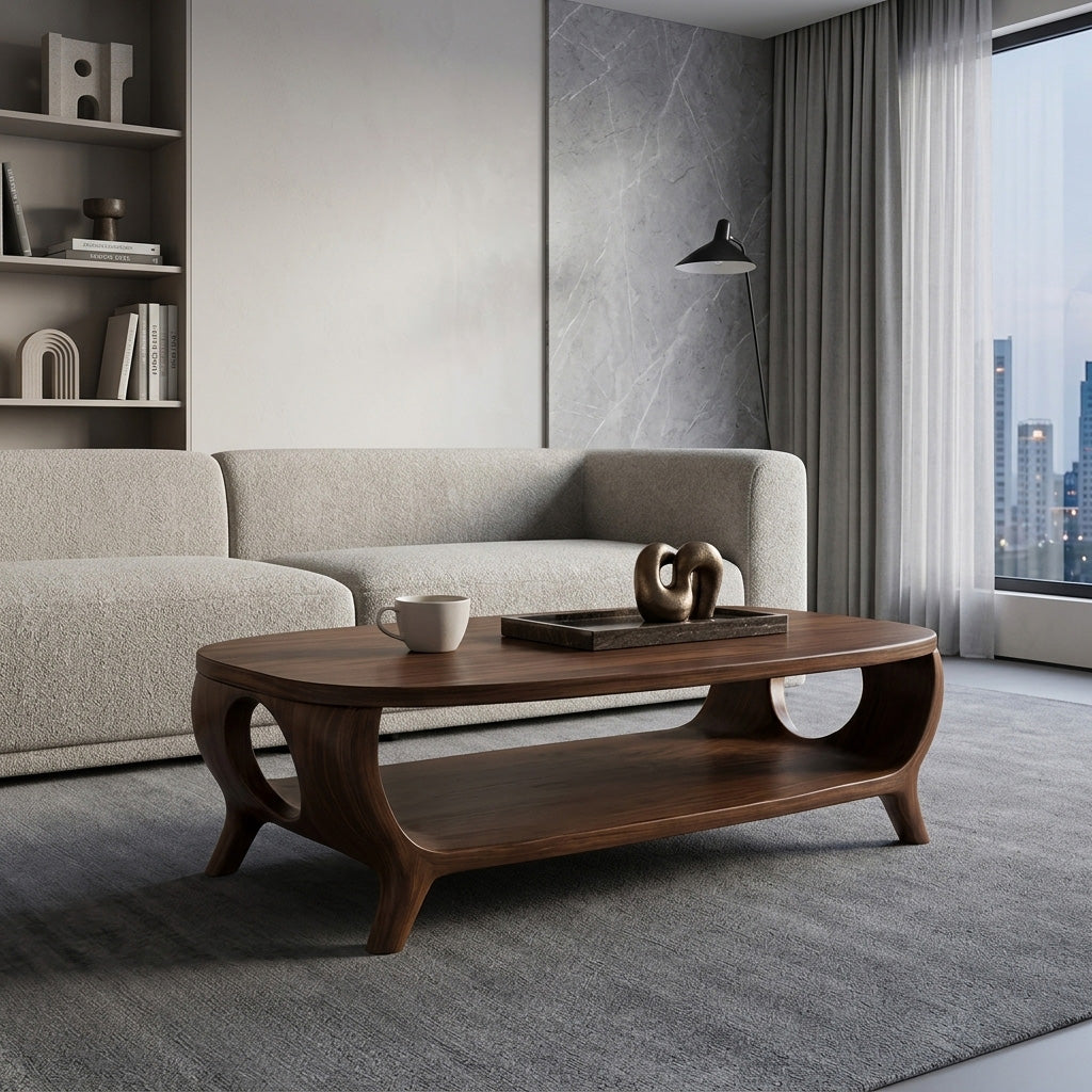 Organic Curved Coffee Table With Shelf For Living Room Decor