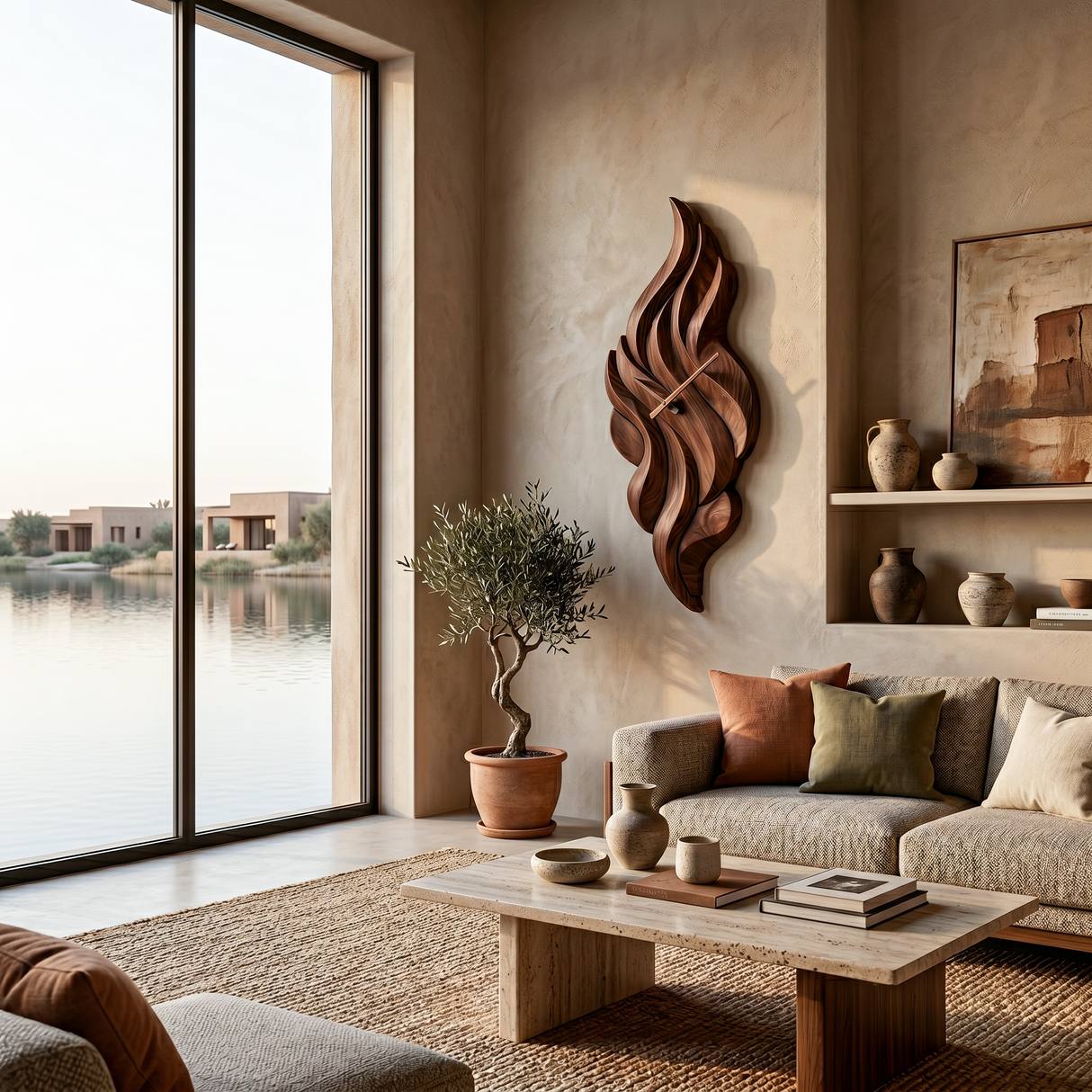 Modern Wooden Wall Clock With Sculptural Wave Carving For Interior