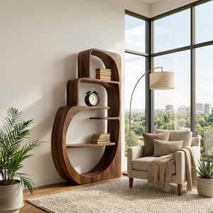 Organic Wood Bookshelf With Multiple Storage Levels For Living Room