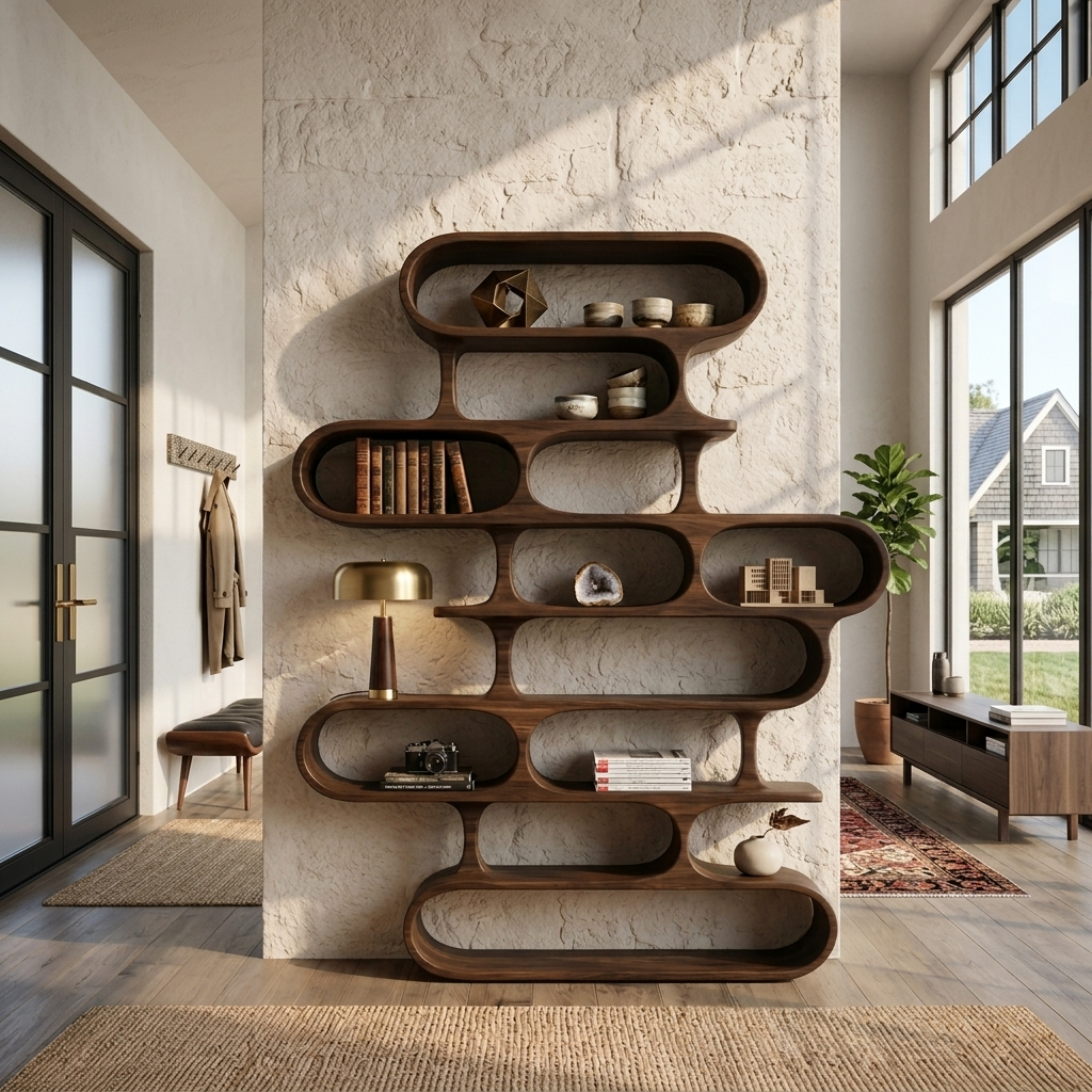 Organic Sculptural Wood Bookshelf With Curved Form For Living Room Or Office