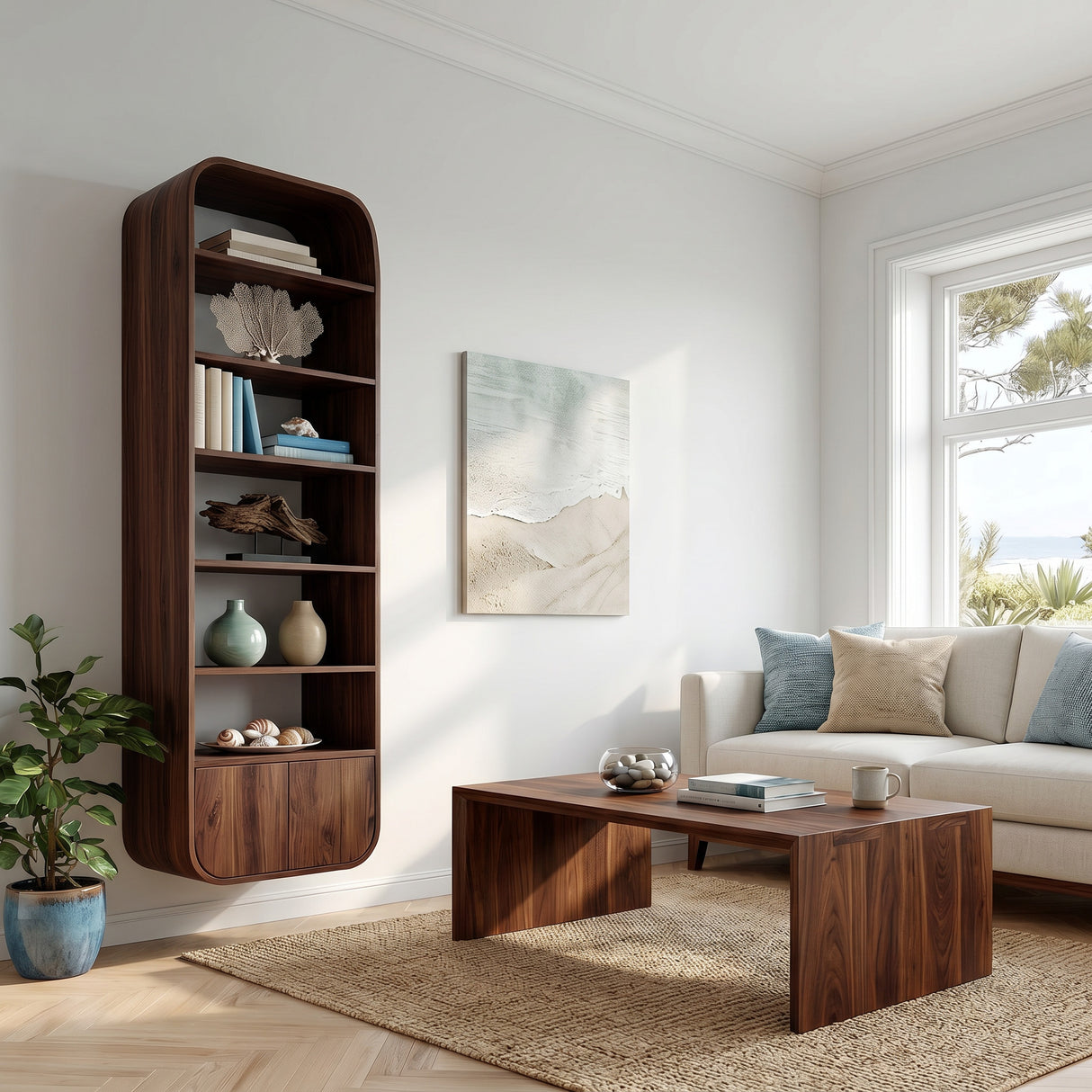 Organic Wooden Wall Mounted Bookshelf For Living Storage