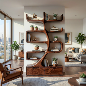 Wooden Bookcase With Tiers And Built-in Drawers For Home