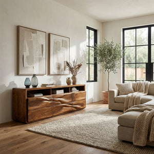 Organic Wave Carved Wood Sideboard For Living Room