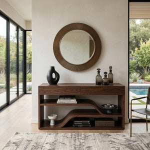 Organic Wooden Console Table With Connecting Shelving Units For Entryway