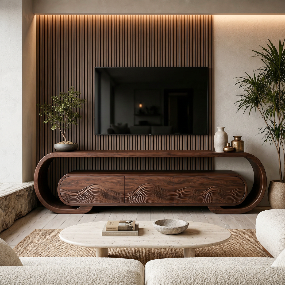 Contemporary TV Stand With Layered Wave Carved Doors For Living