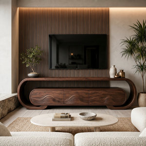 Contemporary TV Stand With Layered Wave Carved Doors For Living
