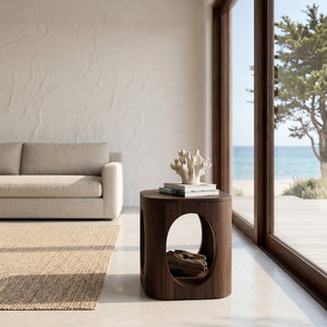 Geometric Carved Natural Wood Side Table For Living Room