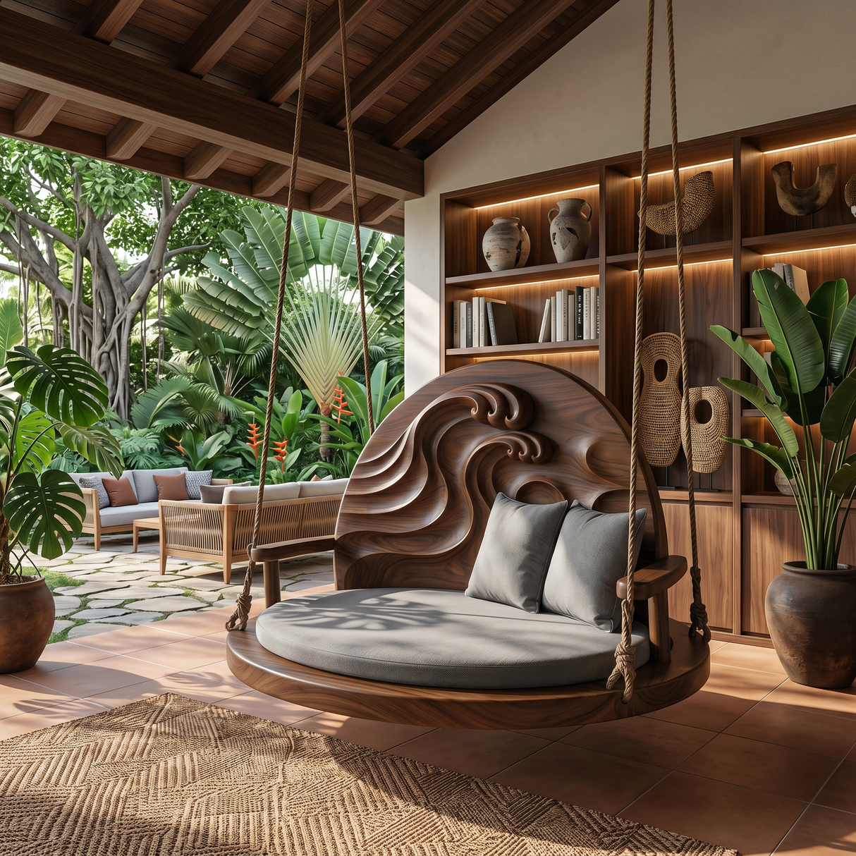Mid Century Carved Back Indoor Swing Living Room Interior