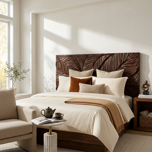 Organic Leaf Relief Wood Headboard For Minimal Bedroom