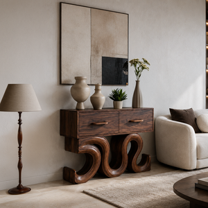 Rustic Wood Console Table With Unique Sculptural Base For Interior