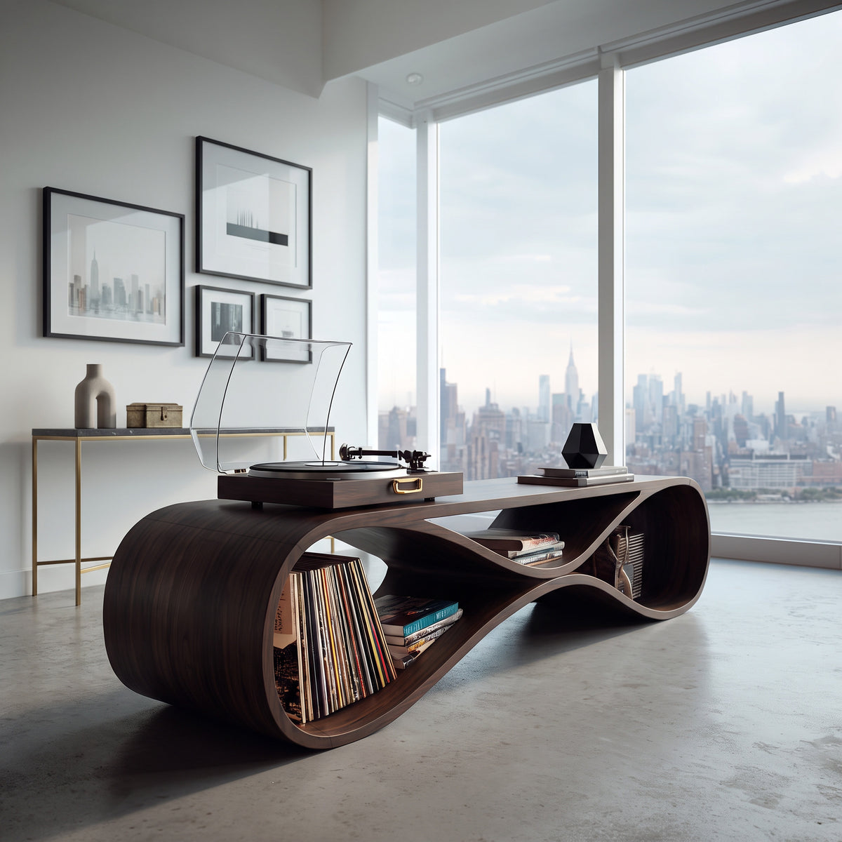 Contemporary Wooden Record Cabinet Curved Design For Living Room