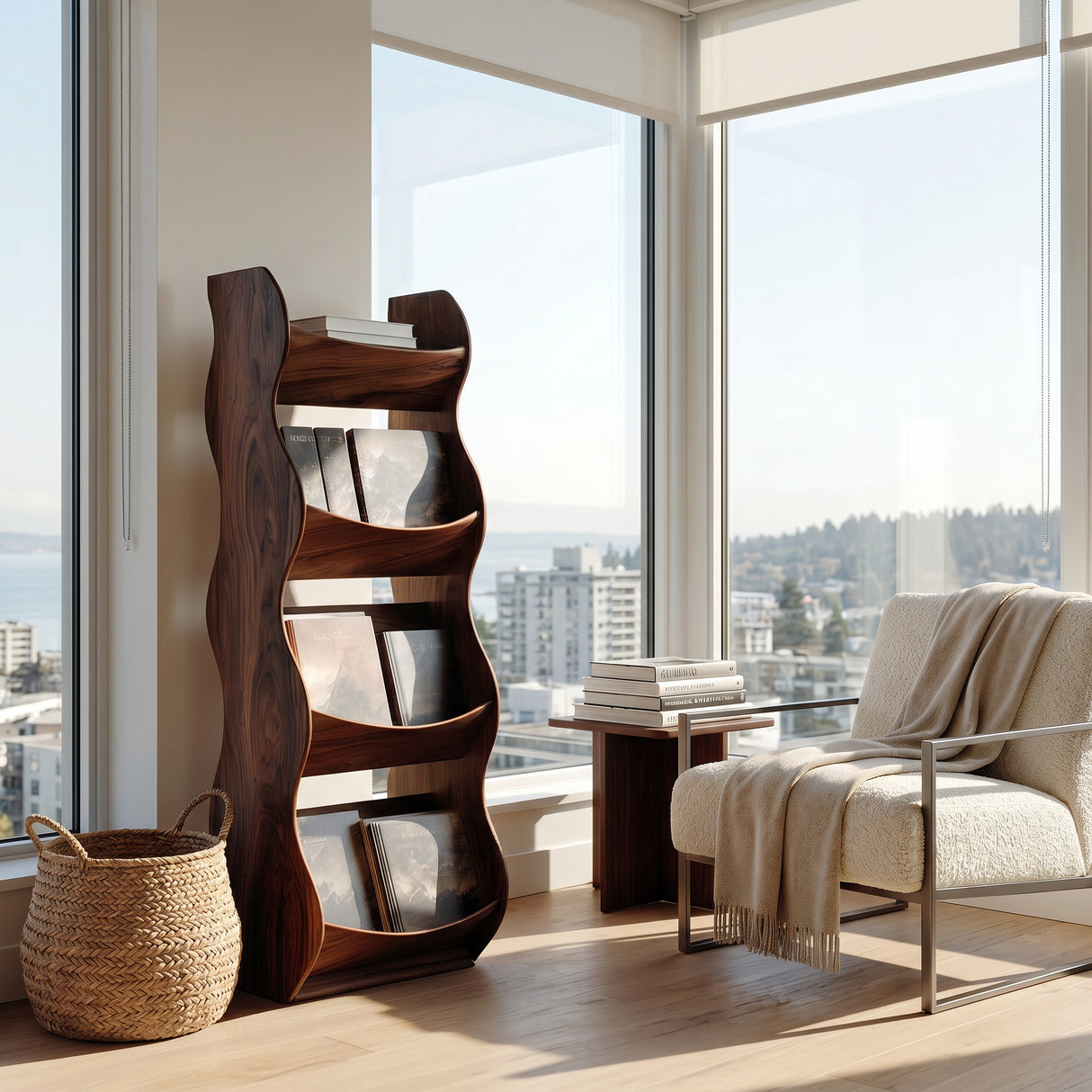 Modern Natural Wood Tall Magazine Rack For Living Storage