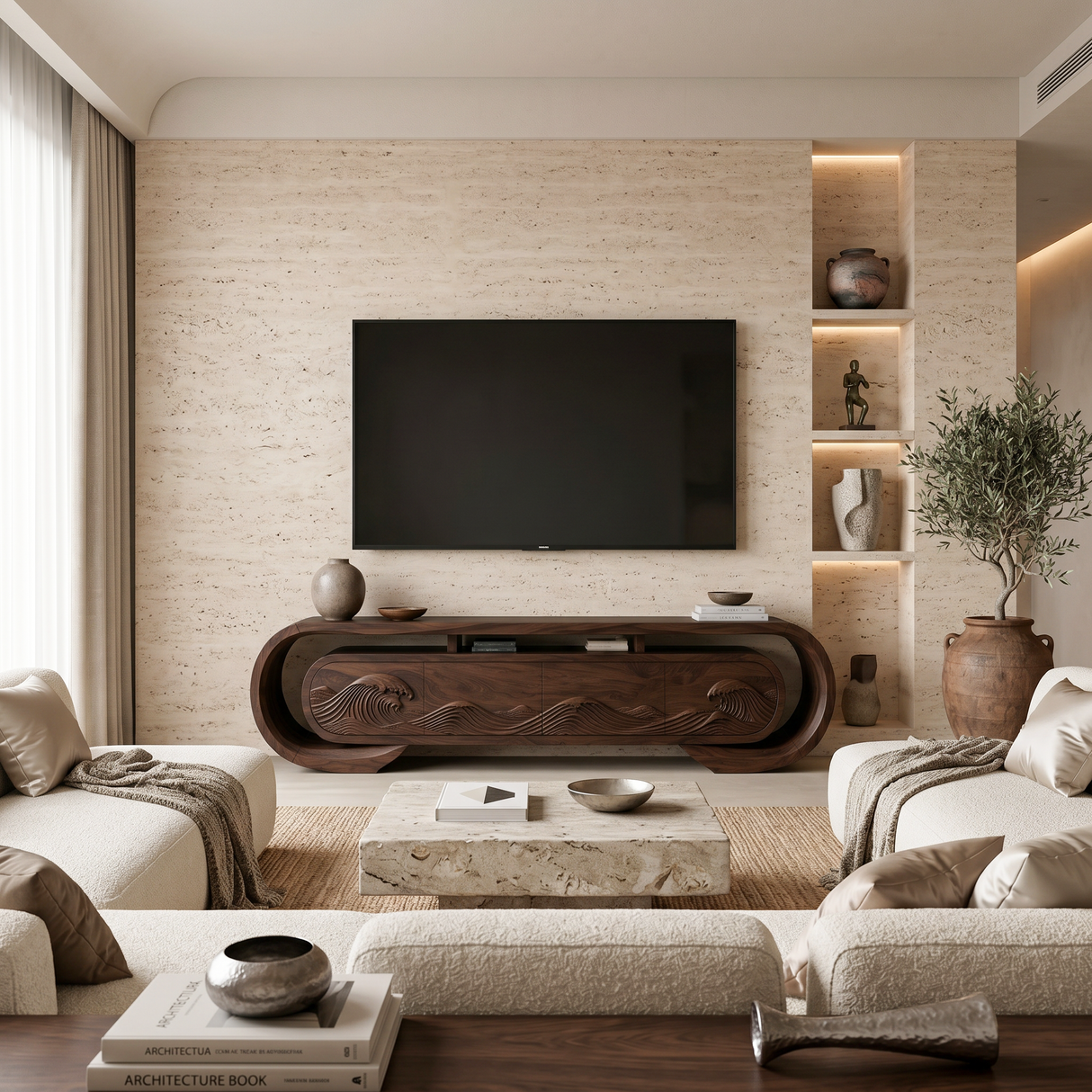 Contemporary TV Console Flowing Wave Carved Doors For Modern Interior