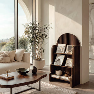 Organic Wooden Slatted Arch Magazine Rack For Living Room