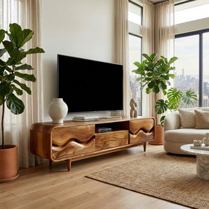 Mid Century Wood TV Cabinet With Wavy Pattern For Living