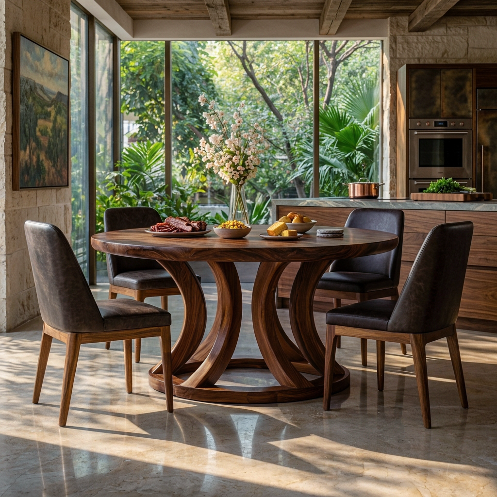 Contemporary Round Dining Table With Curved Unique Base For Dining
