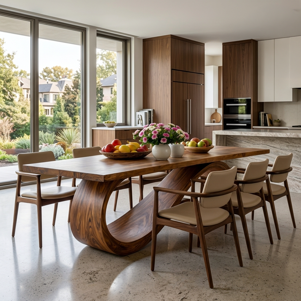 Wooden Dining Table With Flowing Base For Kitchen