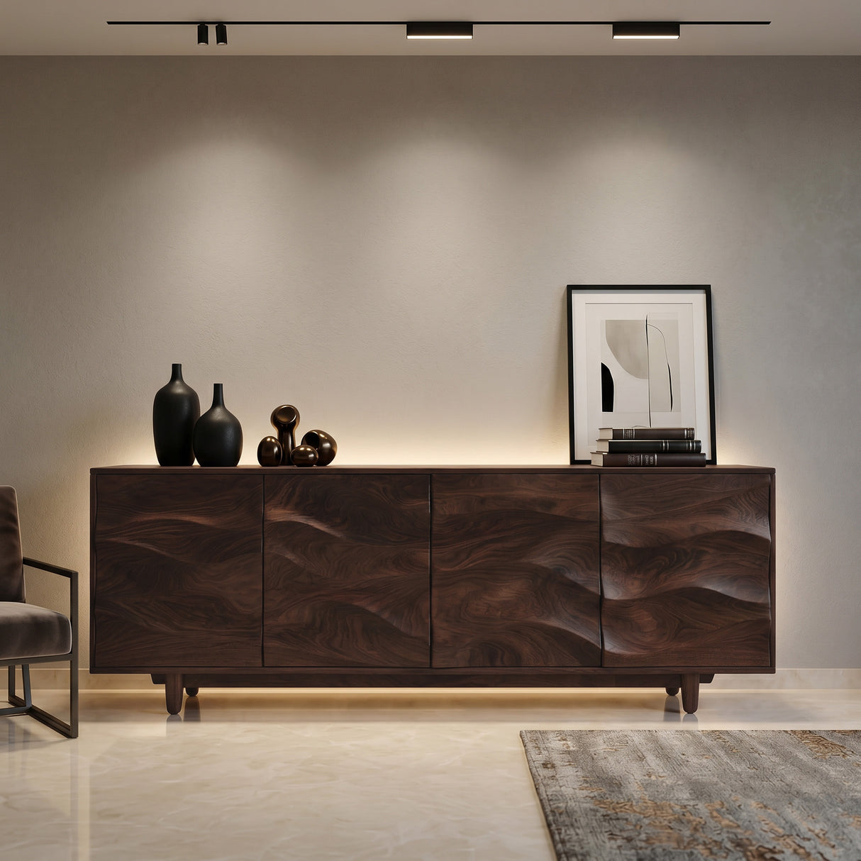 Rustic Wooden Sideboard With Undulating Doors For Living Room