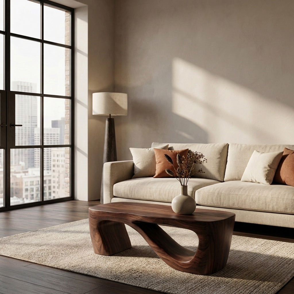 Minimalist Natural Wood Coffee Table With Sculptural Form For Living