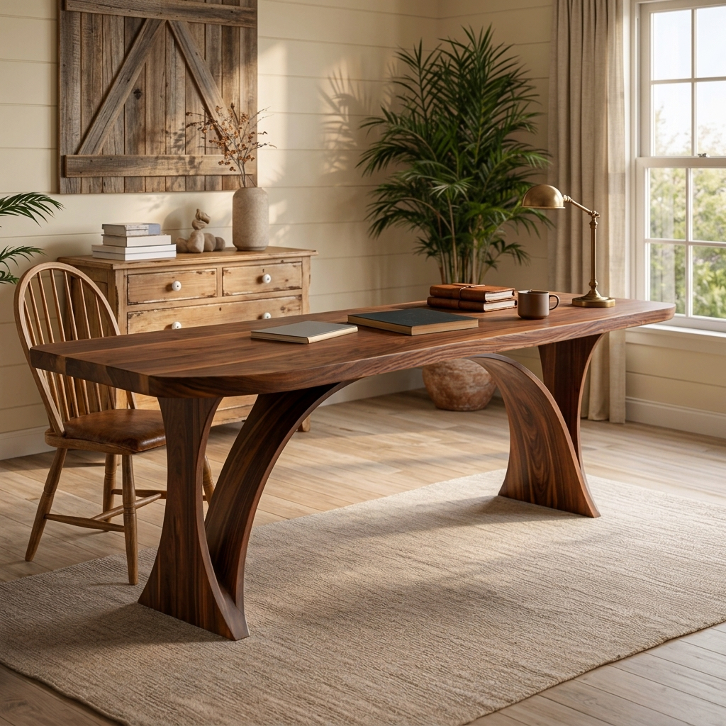 Handmade Wooden Desk With Unique Curved Base For Workspace