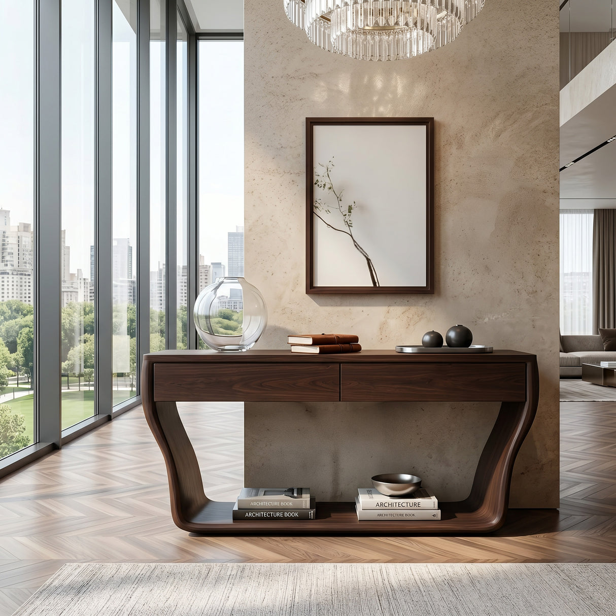 Contemporary Natural Wood Console Table With Two Drawers For Entryway