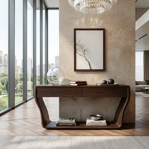 Contemporary Natural Wood Console Table With Two Drawers For Entryway